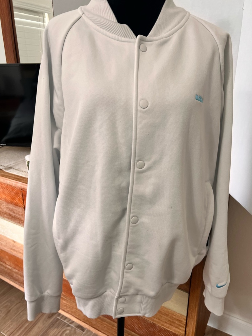 Nike Cream LeBron James Snap-Front Bomber Jacket with Light Blue Logo